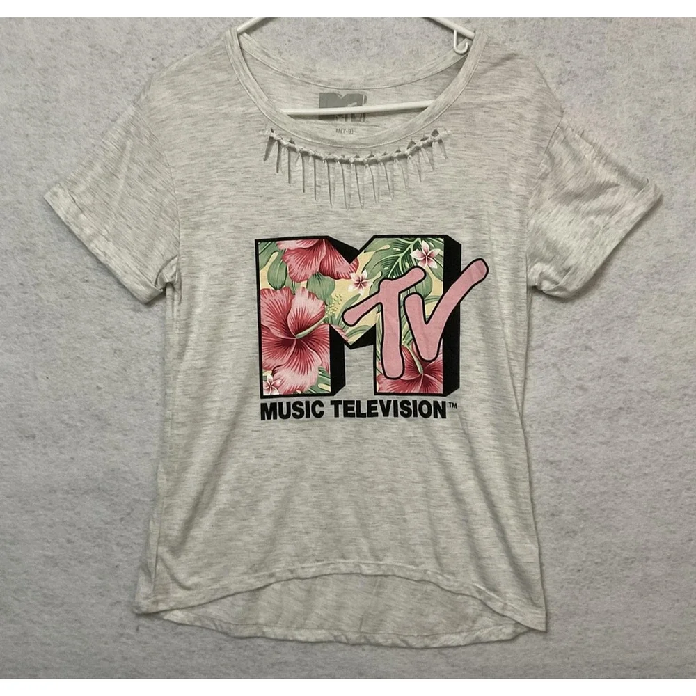 MTV Music Shirt Girls‎ M Gray Floral Logo Cutout Scoop Neck Graphic Tee